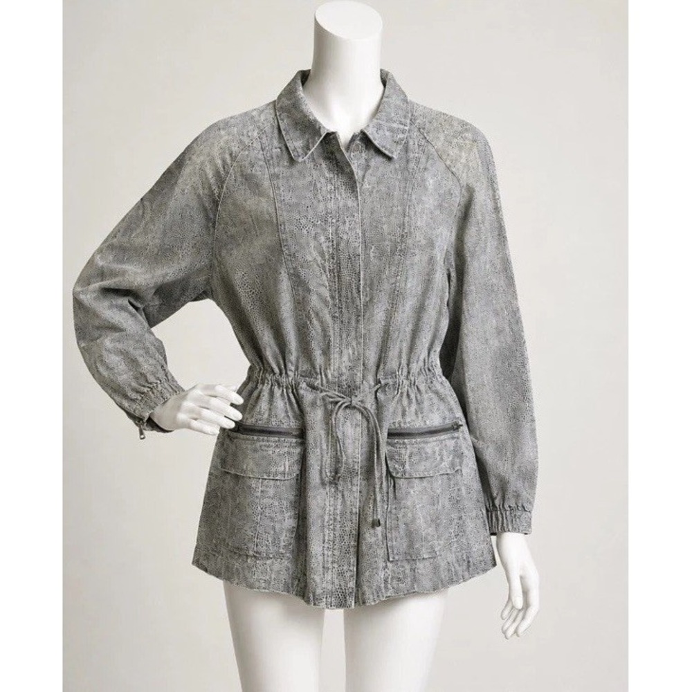 Chicos Jacket Sz 3 Linen Blend Snake Animal Print Zip Drawstring Waist‎ Pockets